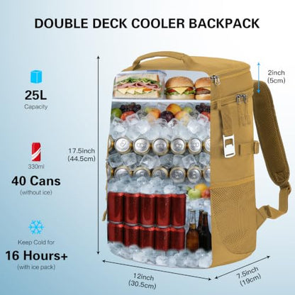 Tactical Cooler Backpack for Men, Double Deck Insulated Cooler Bag 40 Cans, Soft Lunch Backpack with 16H Ice Retention Waterproof Leakproof Picnic Backpack for Work Beach Camping BBQ Hiking - color: Brown