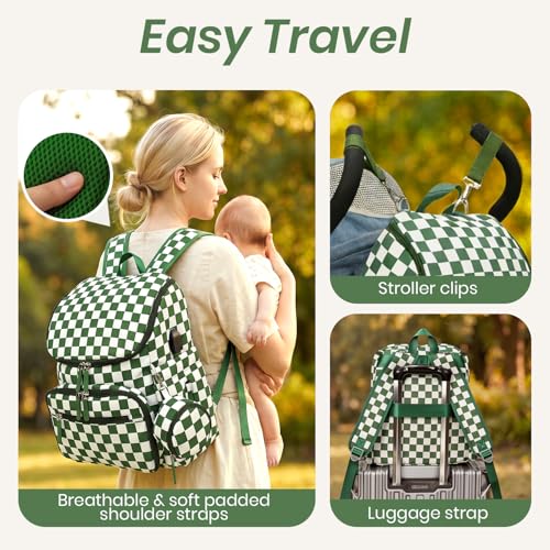 FHELAD Checkered Diaper Bag Backpack with Changing Pad & Stroller Clips, Large Travel Baby Diaper Bag for Newborn Moms, Baby Shower Gifts (Dark Green) - color: Dark Green