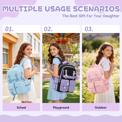 MUSEVOS Girls Backpack, Kids Backpack for Girls, School Bookbag for Teens Age 6-15, Large Capacity Water Resistant Backpack for Elementary to High School, Cute Travel Daypack, Black Purple - color: Black Purple