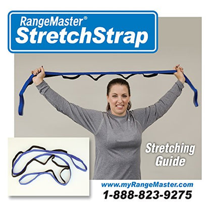 RangeMaster Stretch Strap with Exercise Guide│ Versatile Multi-Loop Strap Perfect for Yoga, Pilates, and Physical Therapy │ Portable │ Helps Improve Flexibility - color: Black & Blue