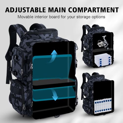 Goture Fishing Backpack,900D Water-Resistant Tackle Backpack with Rod Holders,45L Large Fishing Bag Storage Gear Tackle Bag with Rain Cover,Bottle Holder for Travel Camping Hiking(Without Tackle Box) - color: 45L Camo with Bottle Holder