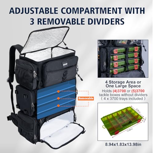 Goture Fishing Backpack with Cooler, 72L 600D Tackle Backpack Included 4 3700 Tackle Boxes, Dry & Wet Split Compartment, Large Fishing Tackle Bag with Rod Holders,Rain Cover for Travel Camping Hiking - color: Black (with 4 3700 Tackle Boxes)