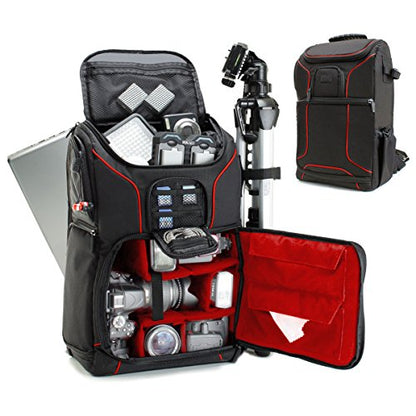 USA Gear Camera Backpack for Photographers DSLR/SLR/Mirrorless Camera Bag with Laptop Slot, Rain Cover, Tripod Holder - color: Red