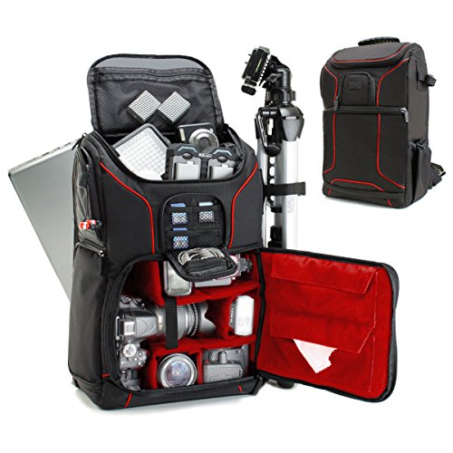 USA Gear Camera Backpack for Photographers DSLR/SLR/Mirrorless Camera Bag with Laptop Slot, Rain Cover, Tripod Holder - color: Red