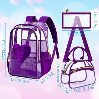 gxtvo 3PCS Girls Clear Backpack Heavy-Duty Set for Women & Teen, 17" See Through Bookbag with Luxurious Gold Zipper, Deep Purple Sequins Transparent School Bag - color: Deep Purple Sequins Clear Backpack Set