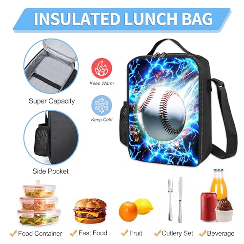 3PCS Boys Backpack, Kids Back To School Backpack with Lunch Box Pencil Case Set, Cool Baseball Backpack for Boys Teens, 17" Schoolbag Bookbag for Elementary Middle High School Students - color: Light Baseball