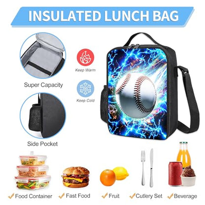3PCS Boys Backpack, Kids Back To School Backpack with Lunch Box Pencil Case Set, Cool Baseball Backpack for Boys Teens, 17" Schoolbag Bookbag for Elementary Middle High School Students - color: Light Baseball