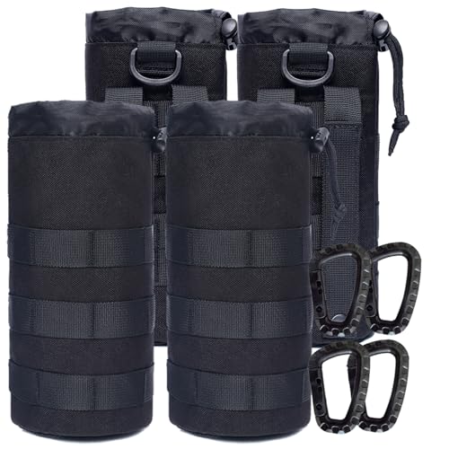 Water Bottles Pouches - 1000D Tactical Molle Drawstring 32OZ Hydration Carrier Bag - color: Pack of 4 Black