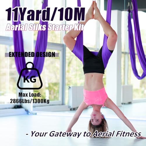 Aerial Silks Kit & Aerial Yoga Hammock - 11Yd Premium Fabric with Hardware - Easy Setup for Flying Yoga, Aerial Swing & Fitness - Supports Up to 14ft Rigging - color: Dark Purple