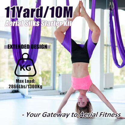 Aerial Silks Kit & Aerial Yoga Hammock - 11Yd Premium Fabric with Hardware - Easy Setup for Flying Yoga, Aerial Swing & Fitness - Supports Up to 14ft Rigging - color: Dark Purple