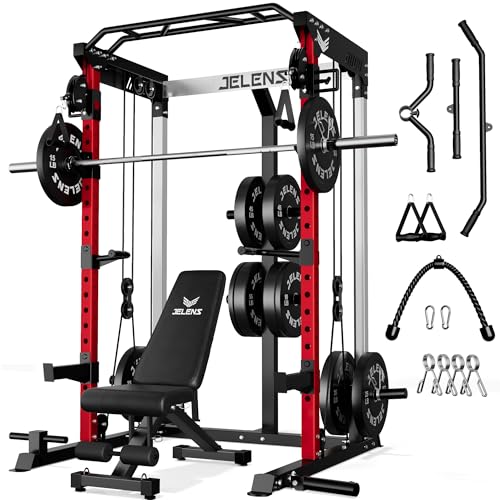 JELENS C21 Power Cage, 2000LBS Multi-Function Power Rack with Independent Dual Pulley System, All-in-One Squat Rack for Cable Crossover, Home Gym Workout Machine - color: Red, size: 370LBS Black Weights Package