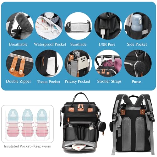 Jeryswet Baby Diaper Bags with Changing Station, Waterproof Large Capacity Diaper Bag Backpack for Moms Dads with USB Charging Port and Stroller Straps, Baby Shower Gifts, Black - color: Black