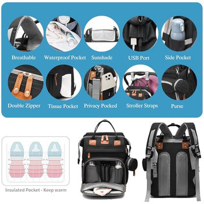 Jeryswet Baby Diaper Bags with Changing Station, Waterproof Large Capacity Diaper Bag Backpack for Moms Dads with USB Charging Port and Stroller Straps, Baby Shower Gifts, Black - color: Black