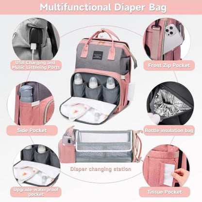 UR Choice Baby Diaper Bag With Changing Station, Travel Waterproof Diaper Bagpack For Mom Dad With USB Charging Port, Large Capacity & Multifunctional With Insulated Pacifier Case - Pink