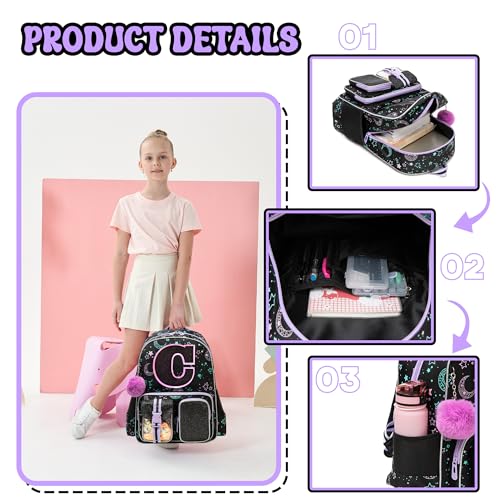 HTgroce Backpacks for Girls School Bag Kids Black Bookbag for Elementary Students Kids Backpack with Lunch Box and Pencil Case - color: Black, style: C
