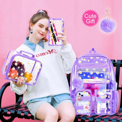 Clear Backpack, Heavy Duty Transparent Bookbag for Women and Men - color: Clear Backpack - Chrysanthemum Purple