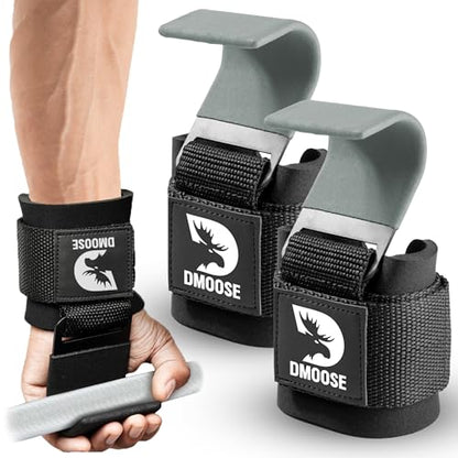 DMoose Fitness Weight Lifting Hooks (Pair) for Deadlifts, Pull Ups, Rows & Shrugs - Anti-Rip Nylon Strap Hand Grips with Thick Wrist Padding - Heavy Duty Wrist Straps for Weightlifting & Gym Workouts - color: Grey