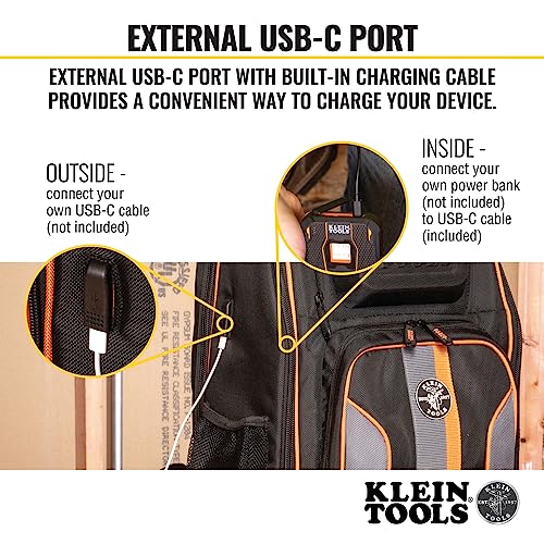 Klein Tools 62805BPTECH 28-Pocket Laptop Backpack Tool Bag, Tradesman Pro Extra-Large Tech Tool Backpack with Molded Bottom, Charging Port
