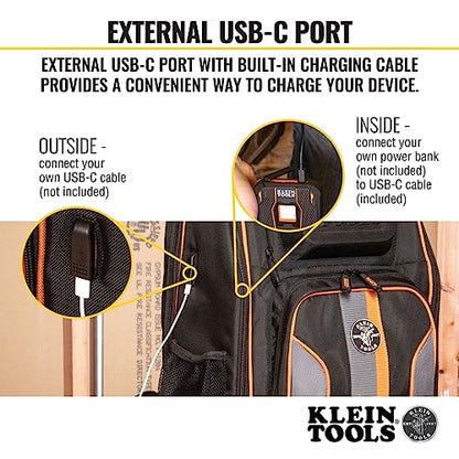 Klein Tools 62805BPTECH 28-Pocket Laptop Backpack Tool Bag, Tradesman Pro Extra-Large Tech Tool Backpack with Molded Bottom, Charging Port
