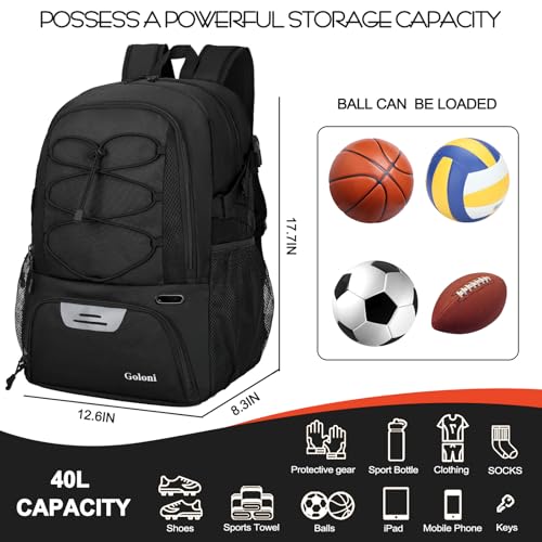 Goloni 40L Basketball Bag,Large Basketball Backpack with Ball Compartment & Shoe Compartment,Backpack for Soccer,Volleyball - color: Black