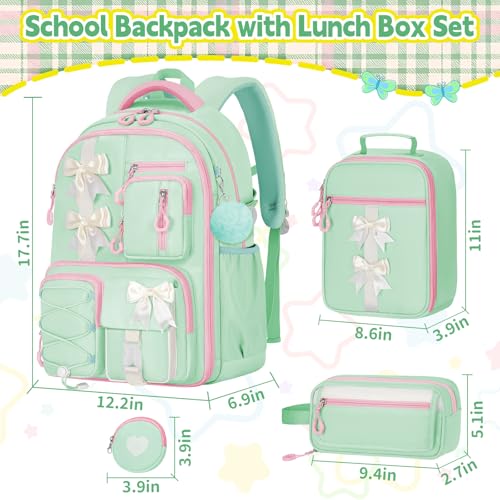 Girls Backpack with Lunch Box Set, 4 PCS Cute Kawaii School Bookbag for Elementary Girls, Green Aesthetic Large Laptop Backpack for Kids & Teens - color: Green