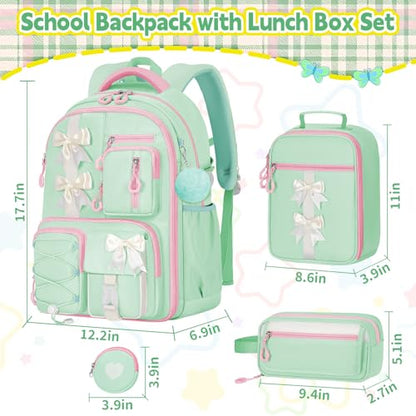 Girls Backpack with Lunch Box Set, 4 PCS Cute Kawaii School Bookbag for Elementary Girls, Green Aesthetic Large Laptop Backpack for Kids & Teens - color: Green