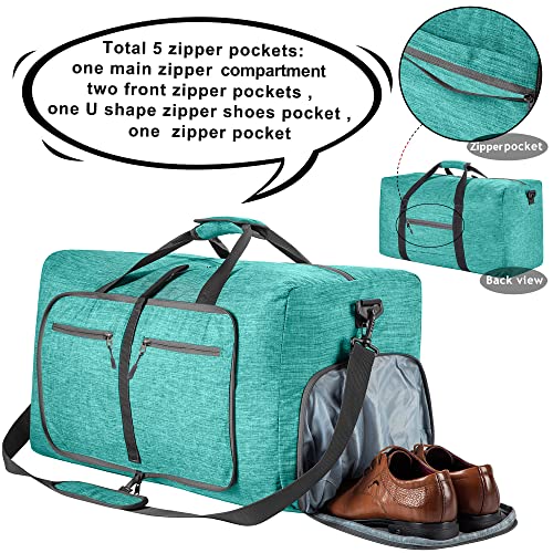 Vomgomfom 65L/85L/115L Foldable Travel Duffle Bag, Lightweight Checked Luggage with Shoe Compartment, Water-Resistant Weekender Overnight Bag for Men & Women - color: G Mint Green, size: 65L