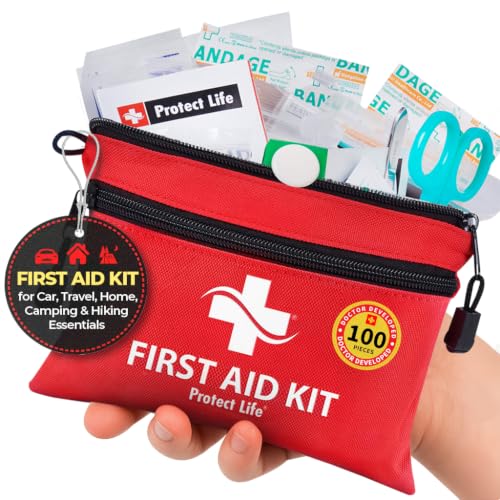 Protect Life Doctor Developed Mini First Aid Kit, 100 Piece Waterproof Emergency Kit for Car, Boat, Camping & Travel, Includes Emergency Blanket, Tourniquet & First Aid Guide - size: 100 Pieces Kit