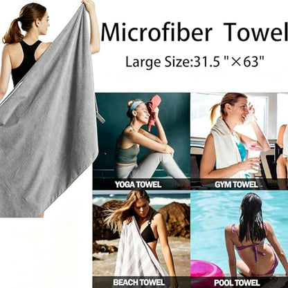 3-in-1 Swim Beach Gym Gear Set.Mesh Drawstring Backpack + Microfiber Beach Towel + Waterproof Phone Pouch, for Swimming, Gym - color: Grey