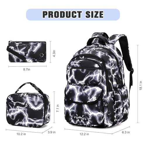 Bevalsa Backpack for Boys, Lightning School Bags with Lunch Bag & Pen Case for Kids, Bookbag for Boys Teens Elementary Middle High School - color: Black