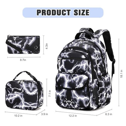 Bevalsa Backpack for Boys, Lightning School Bags with Lunch Bag & Pen Case for Kids, Bookbag for Boys Teens Elementary Middle High School - color: Black