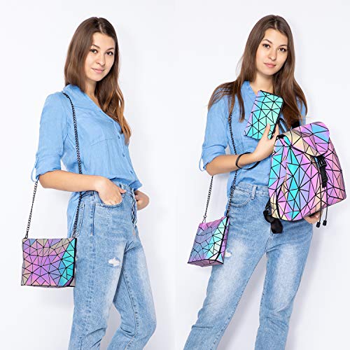 LOVEVOOK Geometric Luminous Purses and Handbags for Women Holographic Reflective Crossbody Bag Wallet - color: Backpack + Crossbody Bag + Wallet