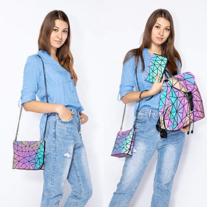 LOVEVOOK Geometric Luminous Purses and Handbags for Women Holographic Reflective Crossbody Bag Wallet - color: Backpack + Crossbody Bag + Wallet