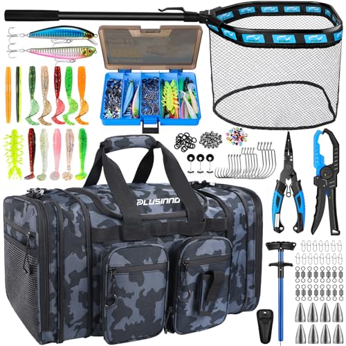 PLUSINNO Tackle Bag - Expandable Fishing Bag with fishing net for Saltwater & Freshwater - Water Resistant Fishing Gear Shoulder Bag For Men - color: Tackle Bog with Lure tool &Fishing Net