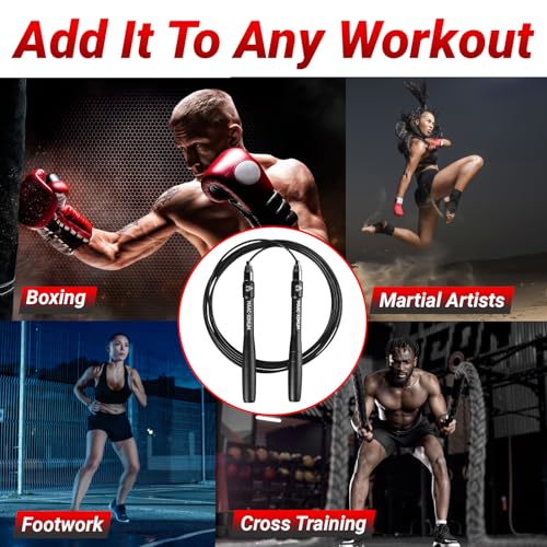 High Speed Rope - Professional Self-Locking & Adjustable, Adult Speed Jump Rope, 2 x PU coated Steel Ropes & Travel Bag,Jump Rope for Crossfit, Boxing, Fitness MMA for Men & Women - color: BLACK