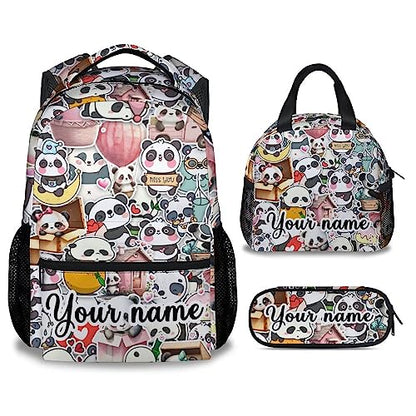 Personalized Panda Backpack with Lunch Box And Pencil Case, 16 Inch Panda Theme Bookbag with Adjustable Straps, Durable, Lightweight, Large Capacity, School Backpack for Girls Women - color: Panda4-3