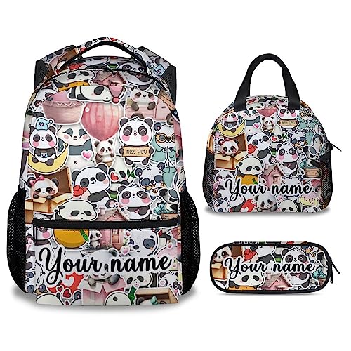 Personalized Panda Backpack with Lunch Box And Pencil Case, 16 Inch Panda Theme Bookbag with Adjustable Straps, Durable, Lightweight, Large Capacity, School Backpack for Girls Women - color: Panda4-3
