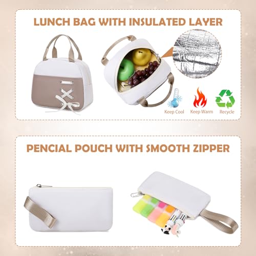 ACESAK Backpacks for Girls, Girls Backpack with Lunch Box and Pencil Case for Teen Kids Elementary Middle High School College Student, Children Backpack Bookbag with USB Charging Port (Khaki) - color: Off-white With Khaki Accent