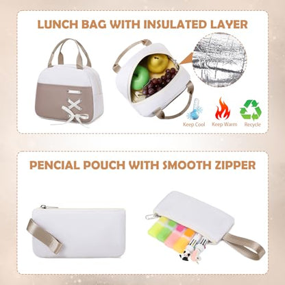 ACESAK Backpacks for Girls, Girls Backpack with Lunch Box and Pencil Case for Teen Kids Elementary Middle High School College Student, Children Backpack Bookbag with USB Charging Port (Khaki) - color: Off-white With Khaki Accent