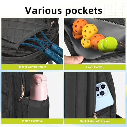 YEEGO DIRECT Tennis Bags for Women, Tennis Backpack Pickleball Racket Bags,Water-Resistant Sling Tote Padel Bag for Pickleball Tennis Badminton, Cute Gifts for Women Girl, Duffle Bag Gym Travel - color: Black