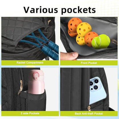YEEGO DIRECT Tennis Bags for Women, Tennis Backpack Pickleball Racket Bags,Water-Resistant Sling Tote Padel Bag for Pickleball Tennis Badminton, Cute Gifts for Women Girl, Duffle Bag Gym Travel - color: Black
