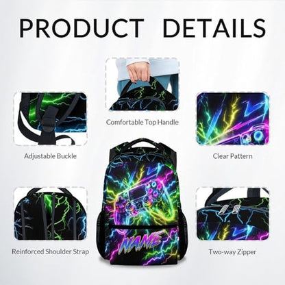 Gamer Backpack for Boys Kids Teens, Custom Gaming Bookbag with Name - 17 Inch Personalized Video Game Backpacks for Middle School - color: Colorful