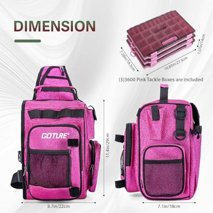 Goture Pink Fishing Rod and Reel Combo - ML Action Spinning Reel Pole with Shimmering Pink Sling Bag - 8FT Telescopic Rod Kit for Starter Travel Saltwater Freshwater - color: Shimmering pink, size: Small bag with 3600 trays, style: Full Fishing Kit(includ