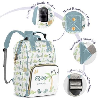 Personalized Diaper Bags for Baby Boys Green Dinosaur Personalized Bag Mummy Nappy Baby Bag Multifunction Customized Backpack - color: Green Dinosaur 02