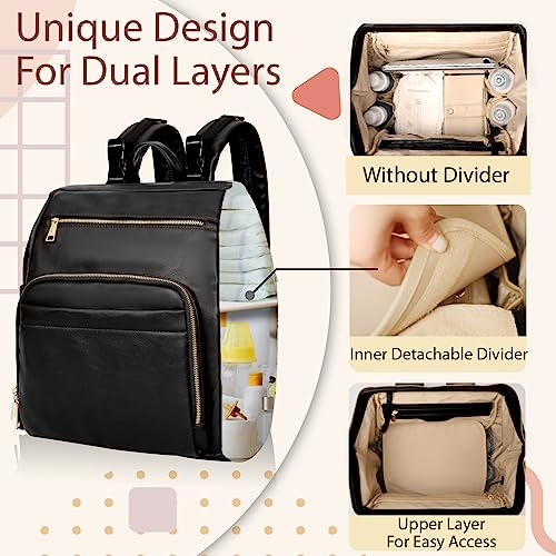 Omanmoli Diaper Bag Backpack Leather Large Baby Diaper Bag Essentials With 18 Organizing Pockets,6 Insulated Pockets,USB Charging Port,Stroller Straps,Changing Pad (Black) - color: Black