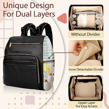 Omanmoli Diaper Bag Backpack Leather Large Baby Diaper Bag Essentials With 18 Organizing Pockets,6 Insulated Pockets,USB Charging Port,Stroller Straps,Changing Pad (Black) - color: Black
