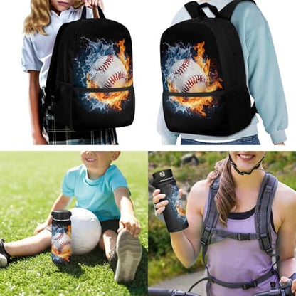 ZOUTAIRONG Flaming Water Baseball Design Casual Backpack for School and Small Thermos School Bags for Girls 7-10/10-12/12-16, Casual Book Bag with 2 Side Pockets - color: Flaming Water Baseball Design