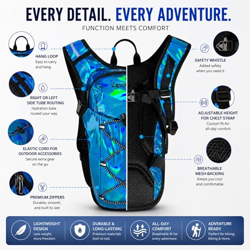 Reflective Hydration Backpack, Hydration Pack - Water Backpack with 2L Hydration Bladder, Essential for Festivals - Rave Hydration Pack for Hiking, Running, Cycling, and Festivals - color: Light Blue