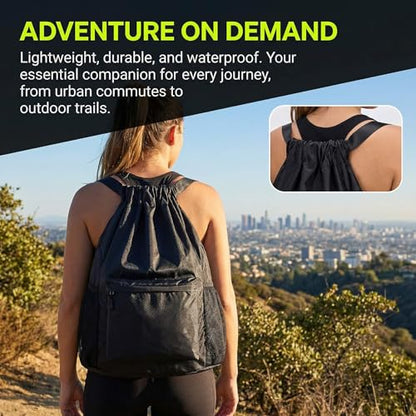 Waterproof Drawstring Backpack Gym Bag for Men Women, Lightweight Sports Cinch Sack with Front Pocket & Side Mesh Pockets, Large Capacity Durable String Bag for Gym Workout Travel Beach Swimming Black