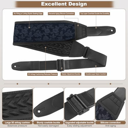 Guitar Strap and Bass Strap, Embroidered Guitar Strap, Adjustable Strap Length, Equipped with 3D Sponge Filled Foam Pad, Comes with 4 Picks + 2 Strap Locks, Best Gift for Guitar Players, Dark Blue - color: Deep Blue Embroidery